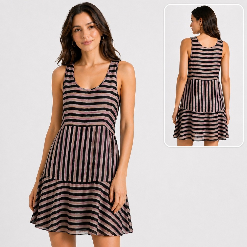 Theory Silk Tiered Mini Dress Womens 0 Pink Black Stripe Sleeveless Chic